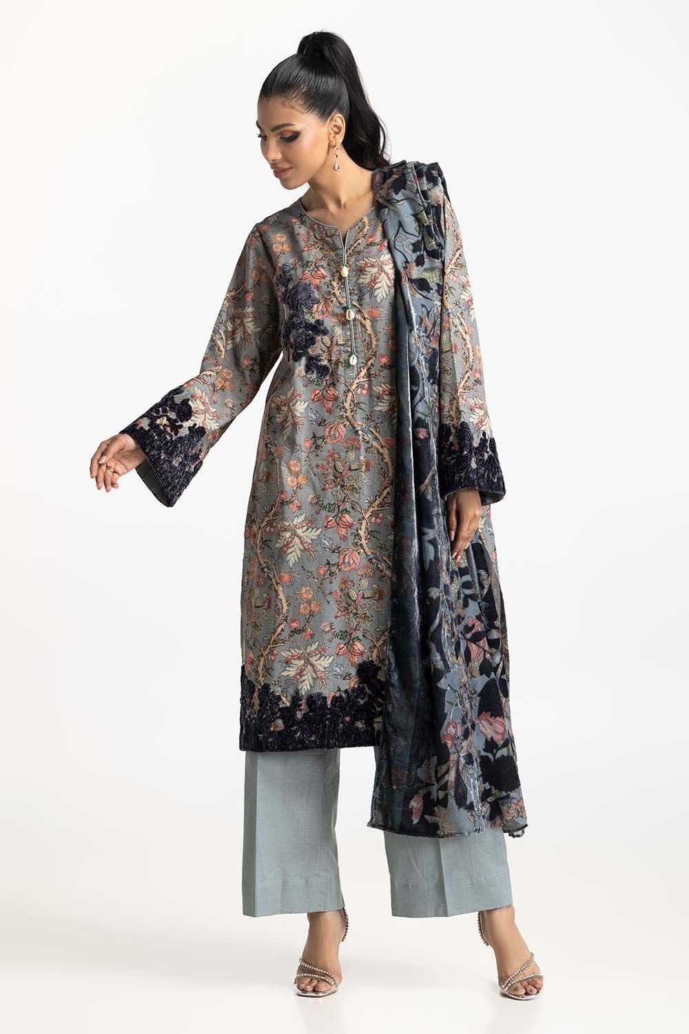 3 Piece Khaddar Printed With Embroidered Suit