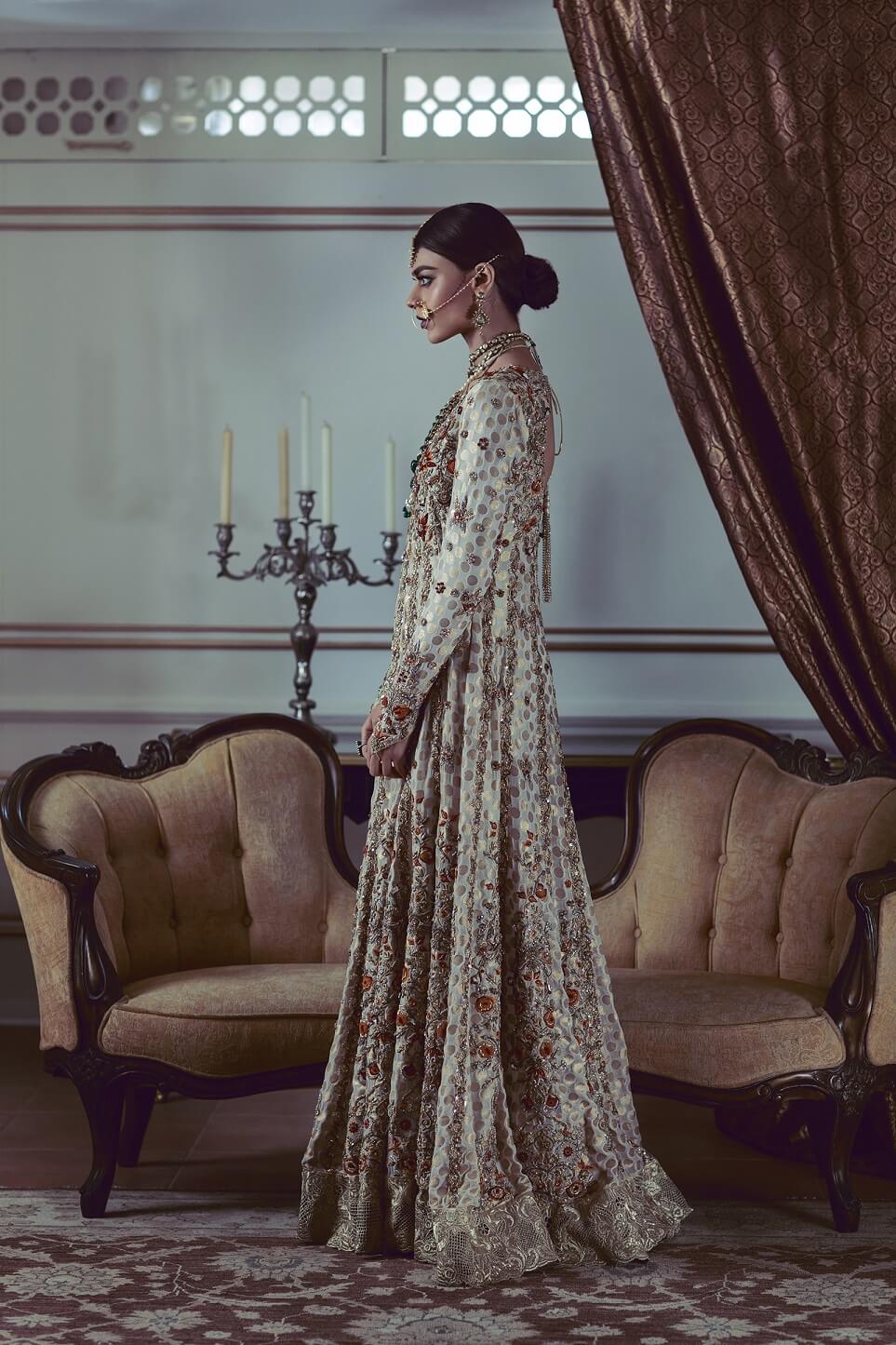 White Anarkali with Red and Orange Resham and Zardosi