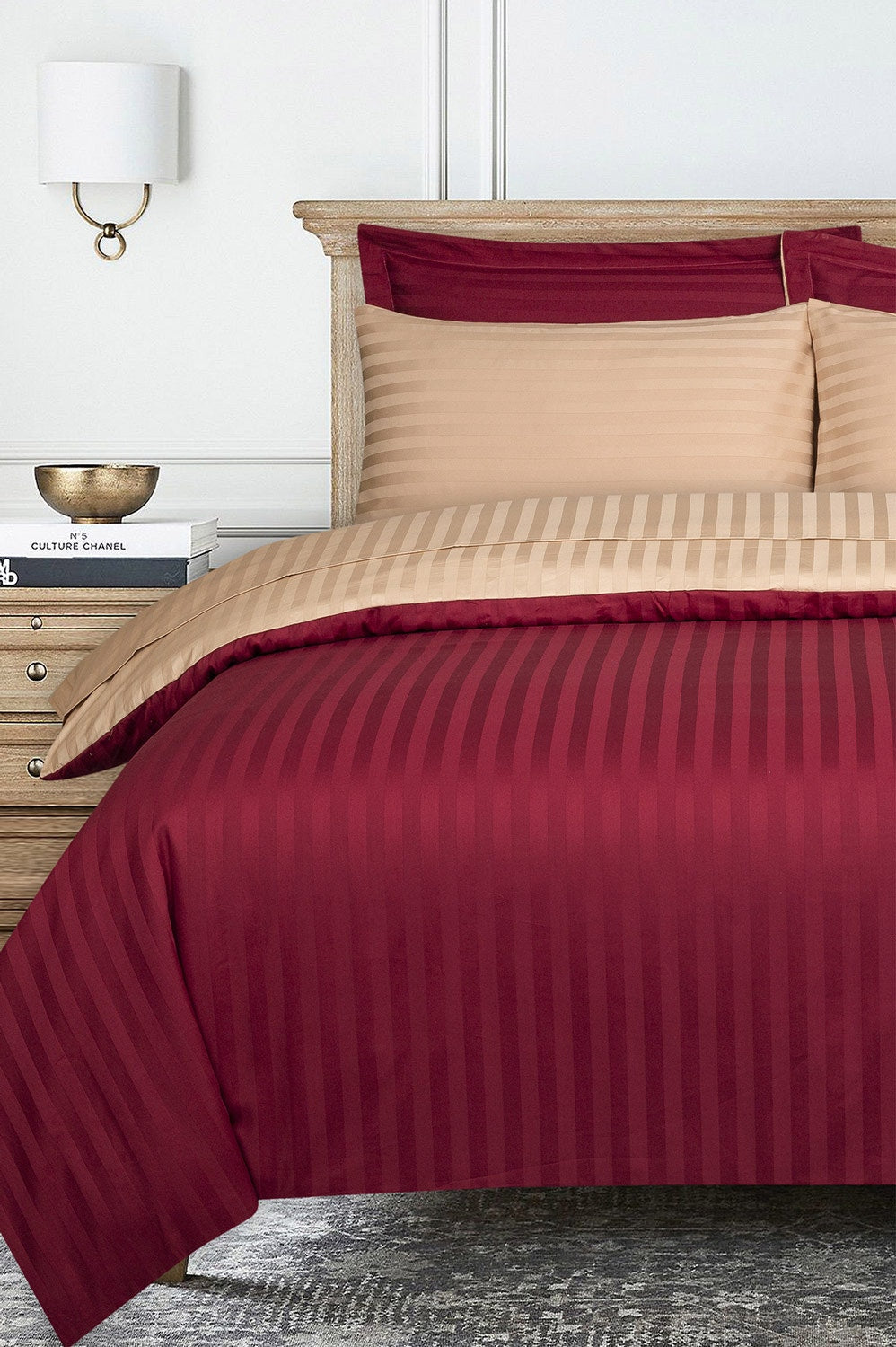 Jester Red And Biscotti Stripe Satin T-250 Quilt Cover Set