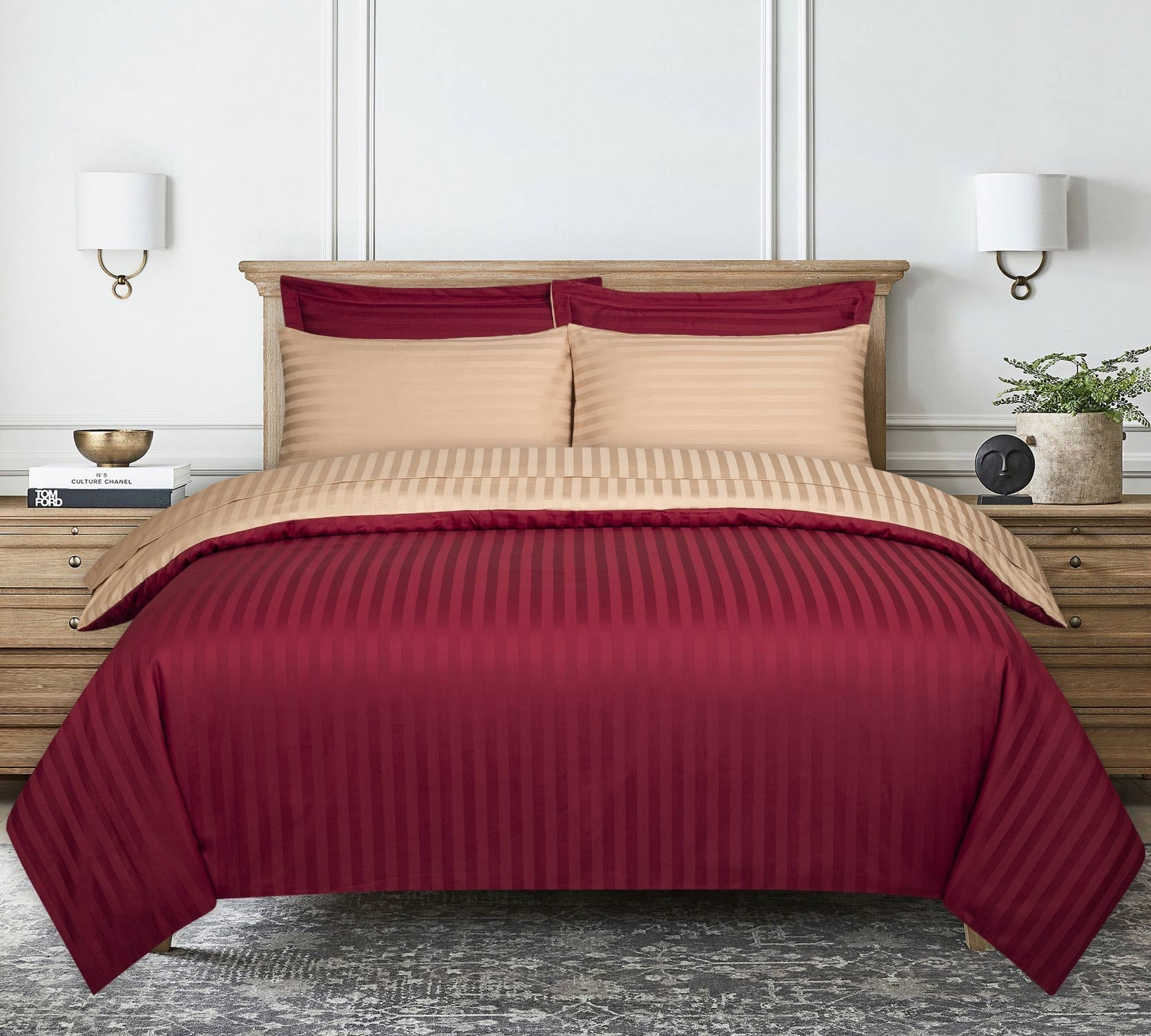 Jester Red And Biscotti Stripe Satin T-250 Quilt Cover Set