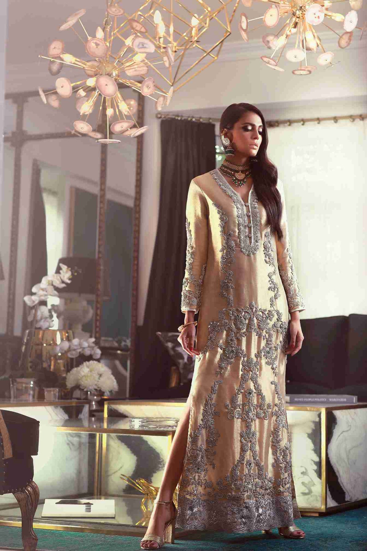 Gold Zardozi Embroidered Long Kaftan