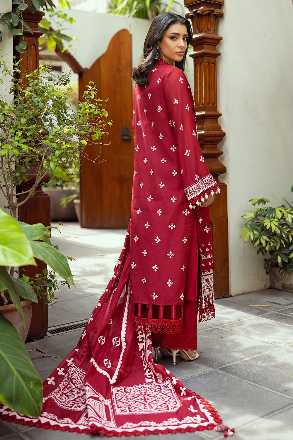 3 Piece Unstitched Embroidered Lacquer Printed Paper Cotton Suit with Lacquer Printed Paper Cotton Dupatta