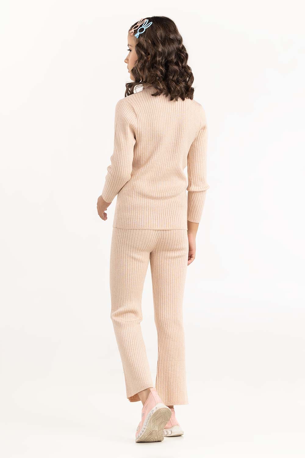 Junior Girl Light Beige Ribbed Sweater With Turtle Neck