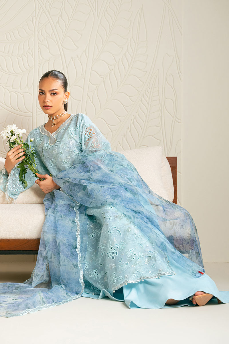 BLUE CLAIR-4PC ORGANZA EMBROIDERED SUIT