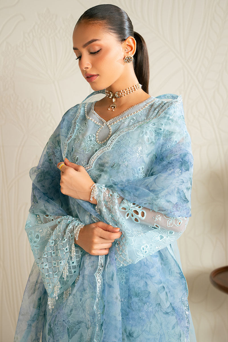 BLUE CLAIR-4PC ORGANZA EMBROIDERED SUIT