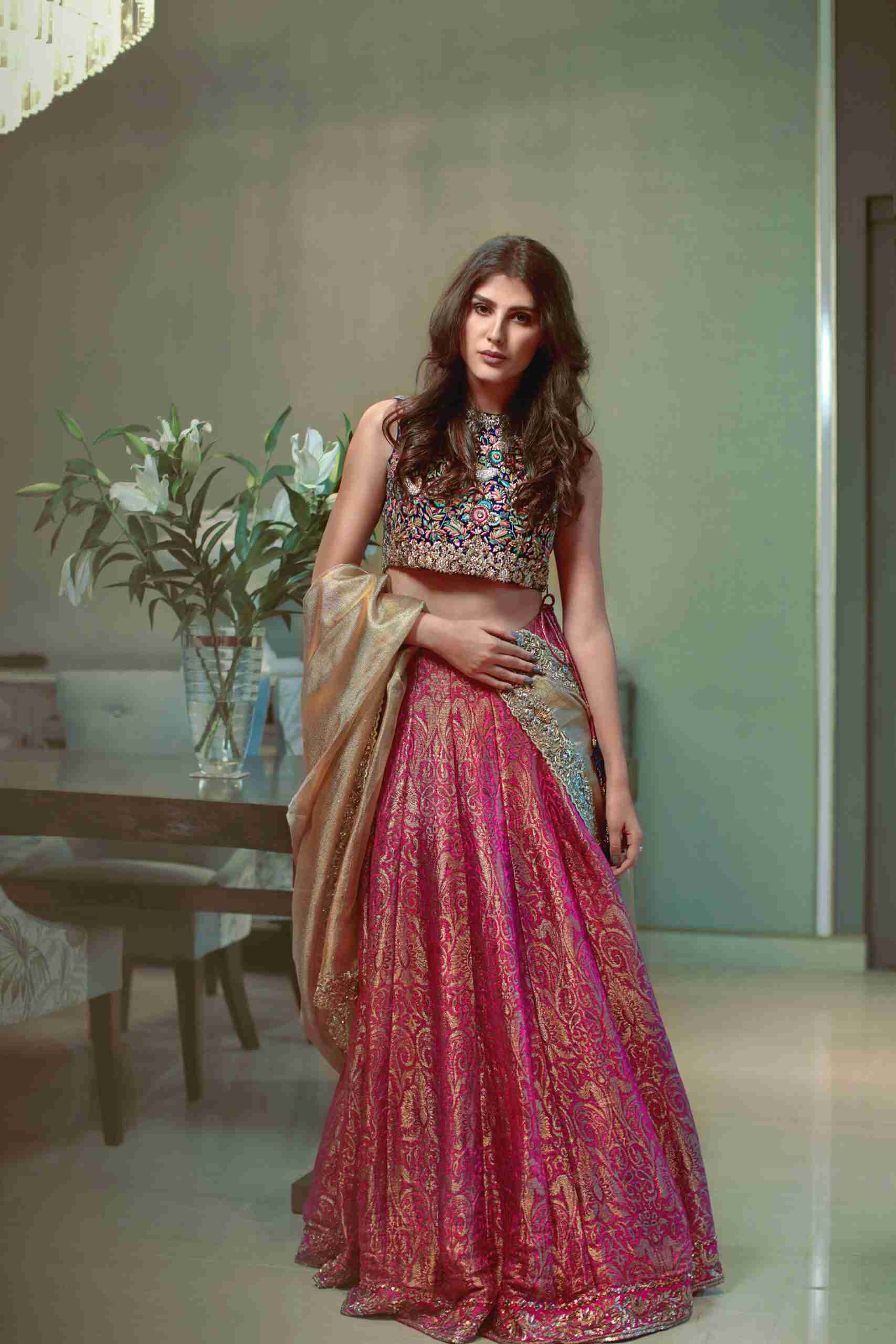 Magenta Brocade Lehenga with Full Aari Embroidered Choli and Gold Duppatta