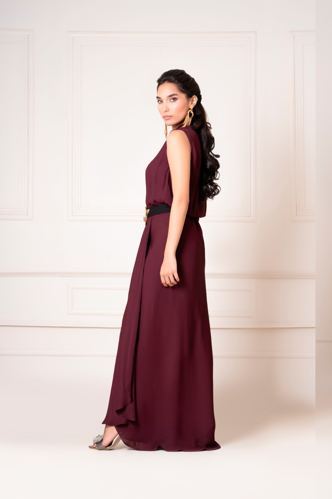 Draped Dress with Crystal Embellished Belt
