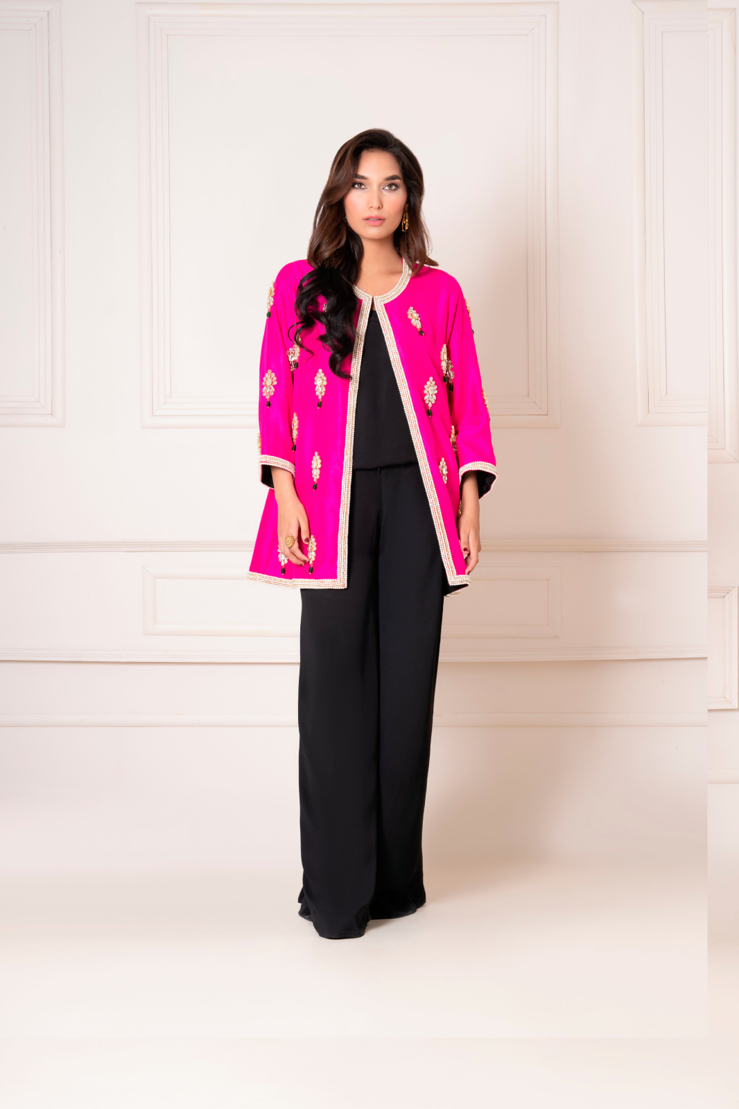 Hot Pink Crystal Motif Jacket with Jumpsuit