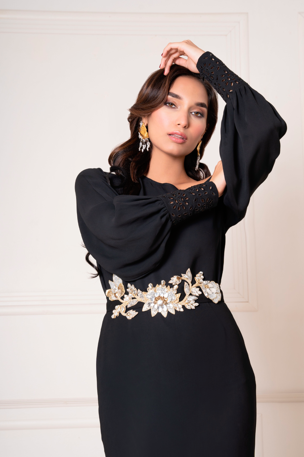 Drop Shoulder Top with Tapered Skirt and Crystal Embellished Belt