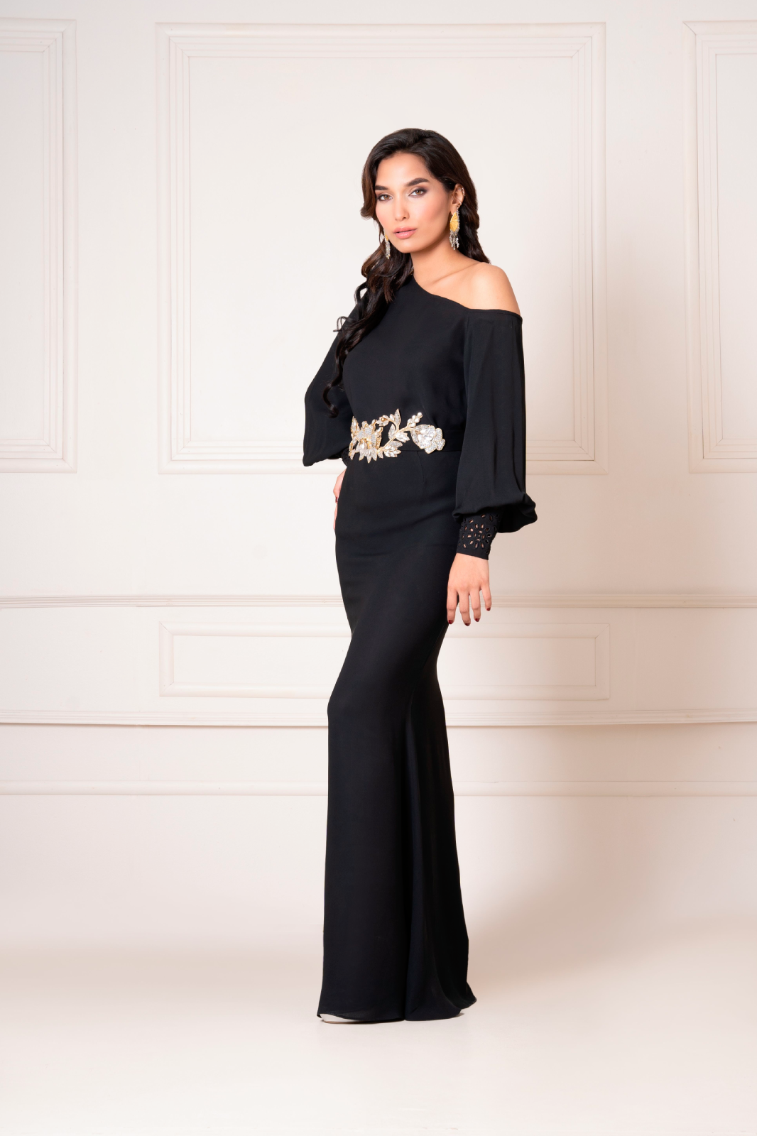 Drop Shoulder Top with Tapered Skirt and Crystal Embellished Belt