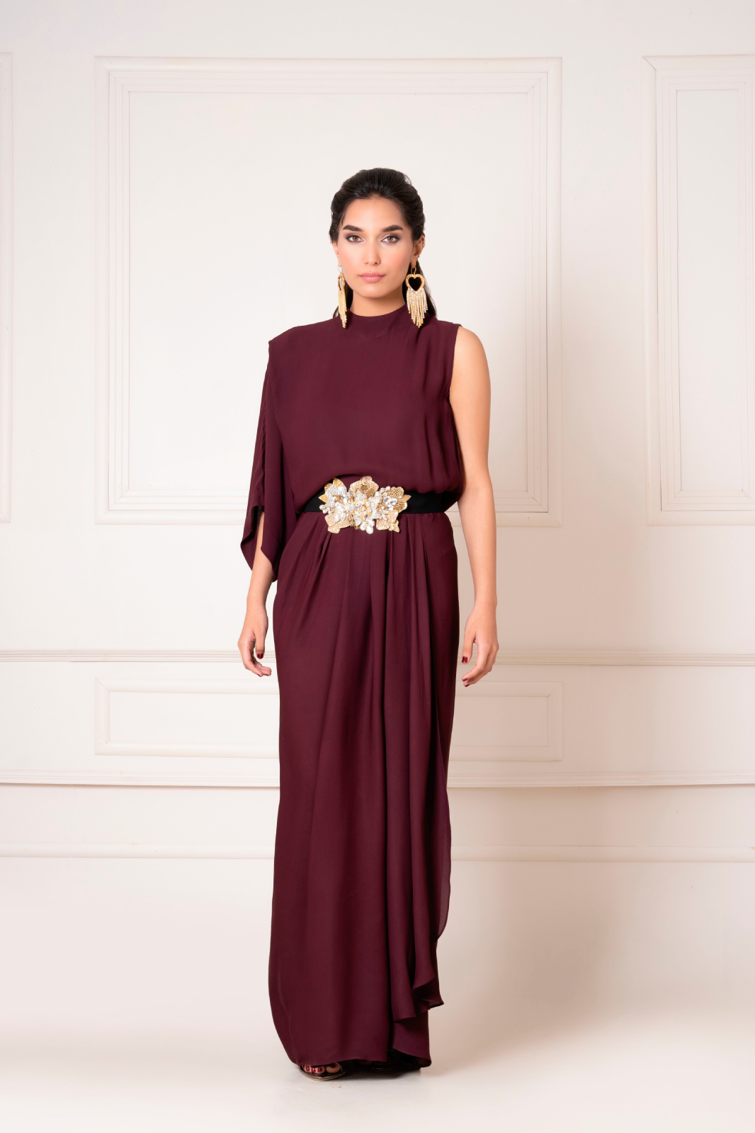Draped Dress with Crystal Embellished Belt