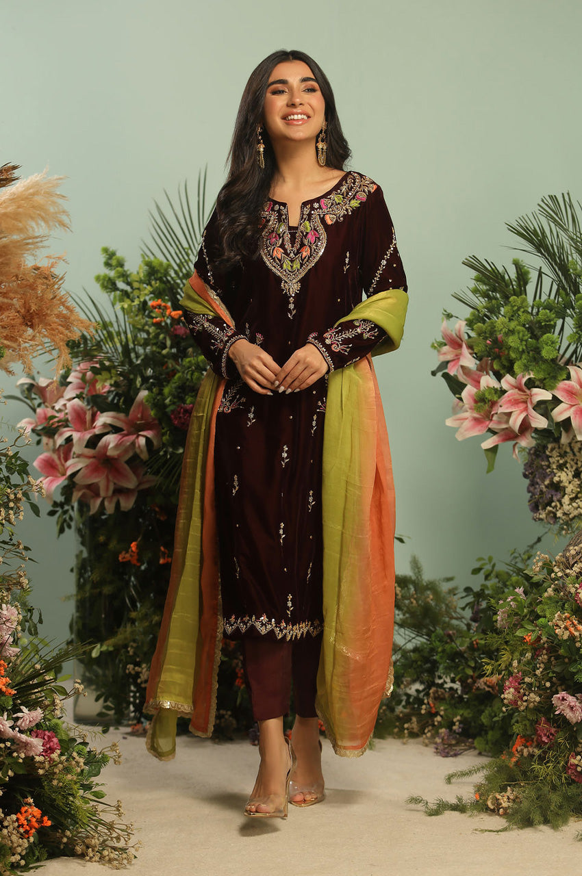 MAHROON AND MULTI EMBROIDERED