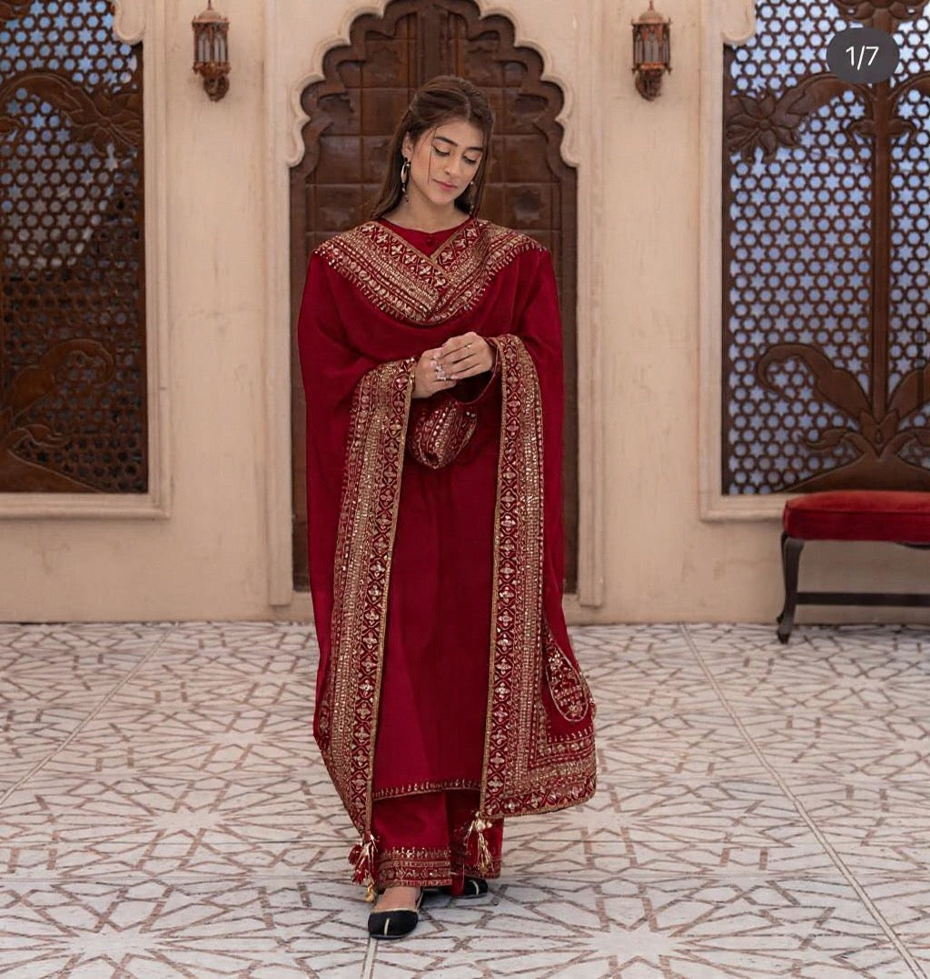 Mahroon Mystique – Luxury Embroidered Suit for Women