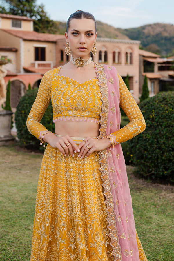 Marjjan MLC-28 Style – Yellow & Pink Embroidered Frock & Lehenga