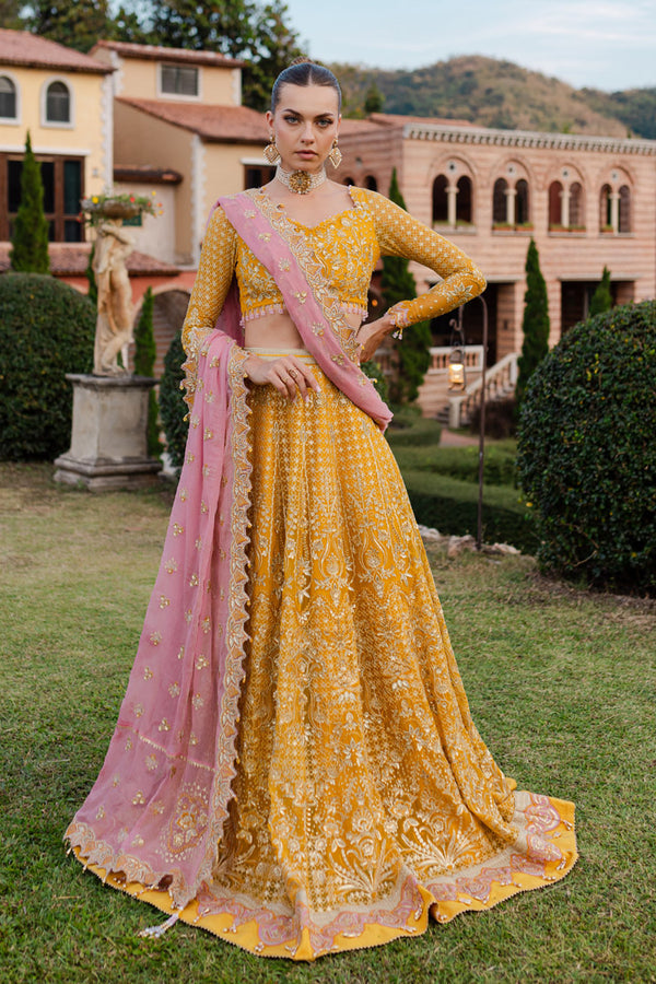 Marjjan MLC-28 Style – Yellow & Pink Embroidered Frock & Lehenga