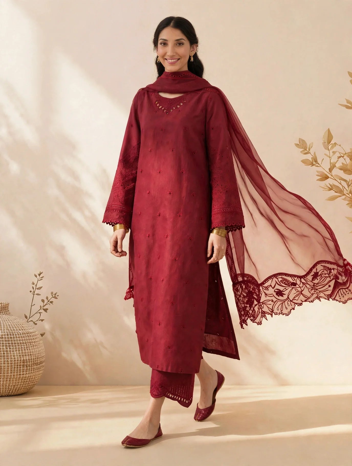 Maroon Mahrosh Viscose - Embroided 3 pieces suit for women
