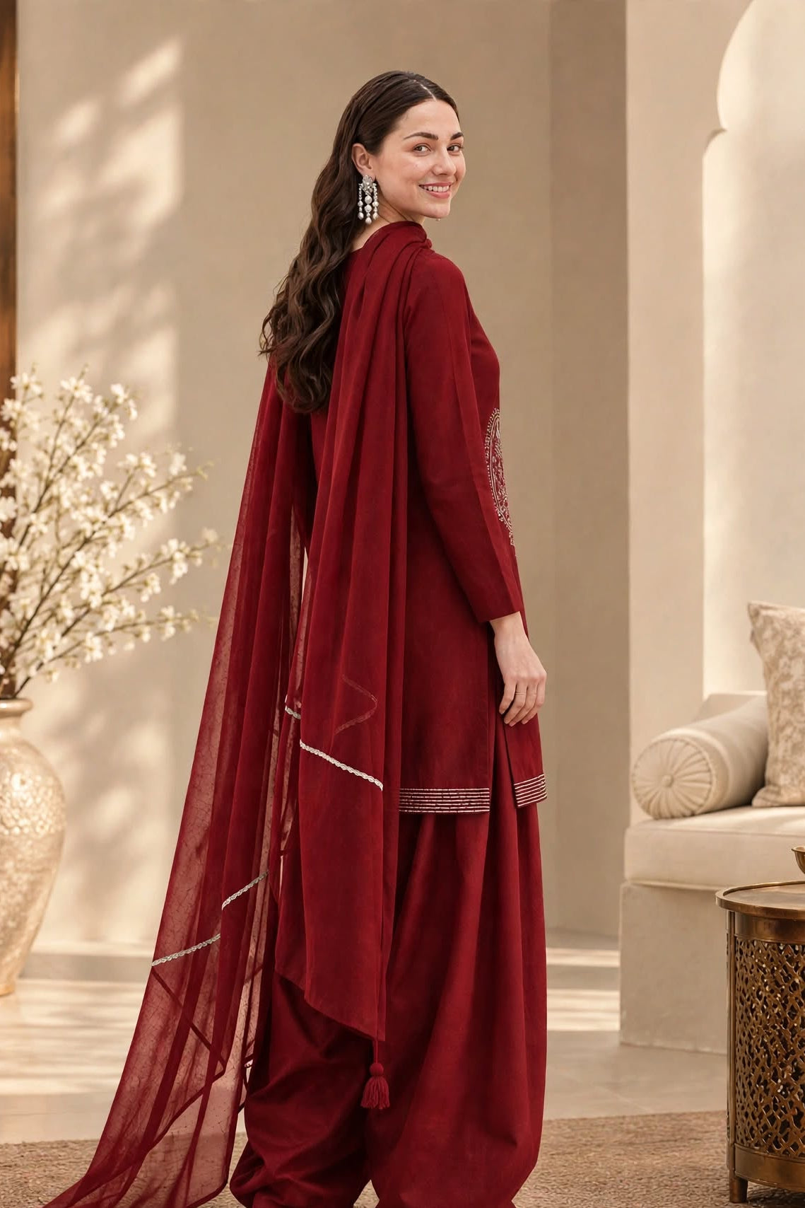 MAROON CHERRY- Plain Viscose Embroidered 3-Piece Suit for women