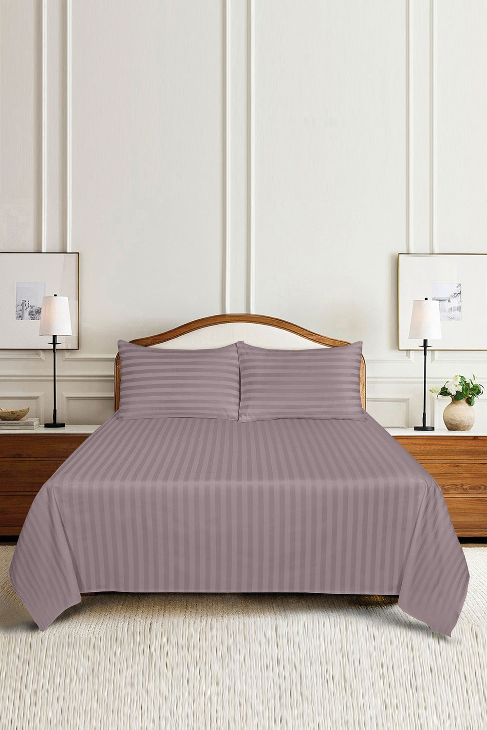 Mauve Light Stripe Satin T-250 Bed Sheet Set