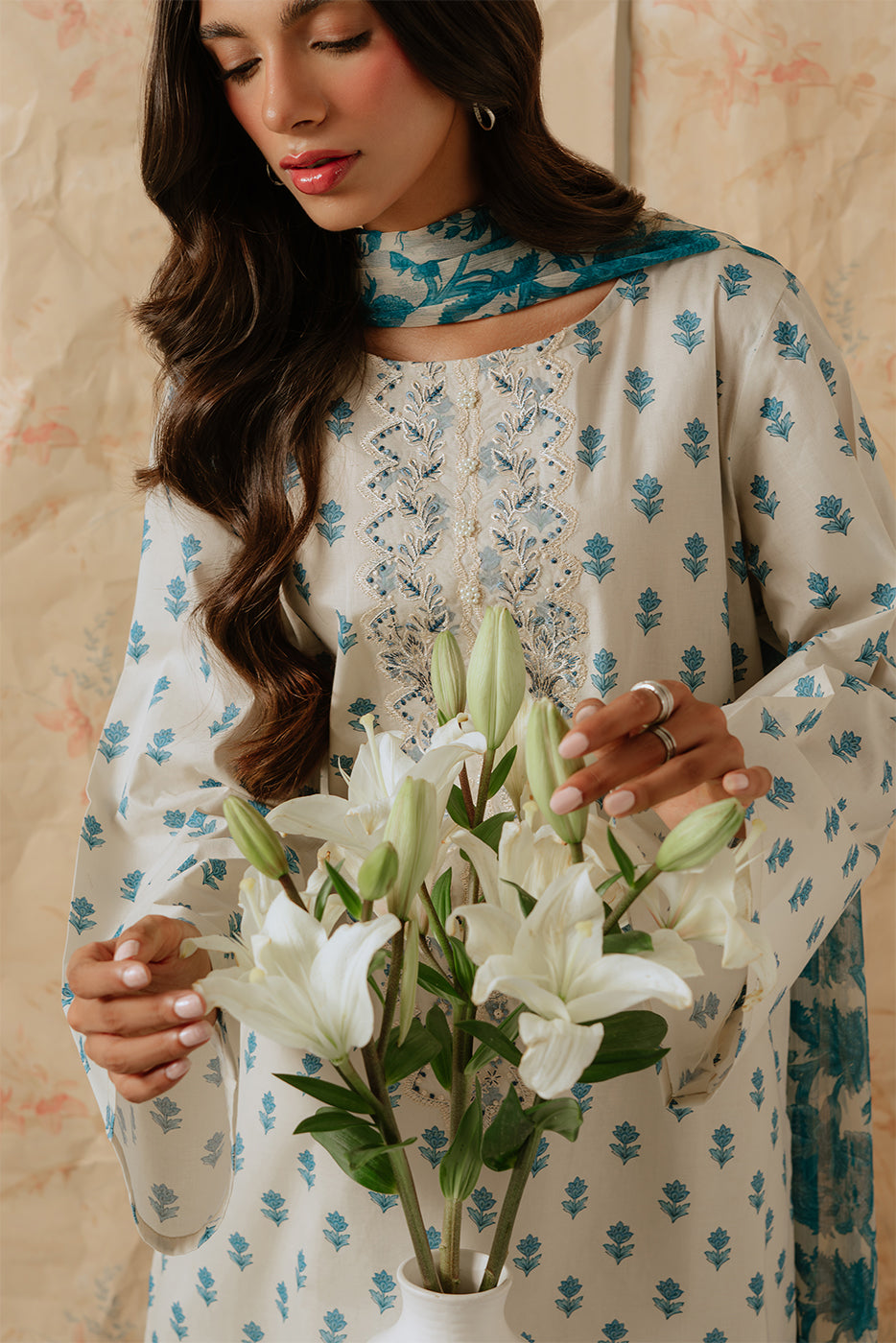 3 Piece Embroidered Lawn Suit-Blue Gems (Unstitched)