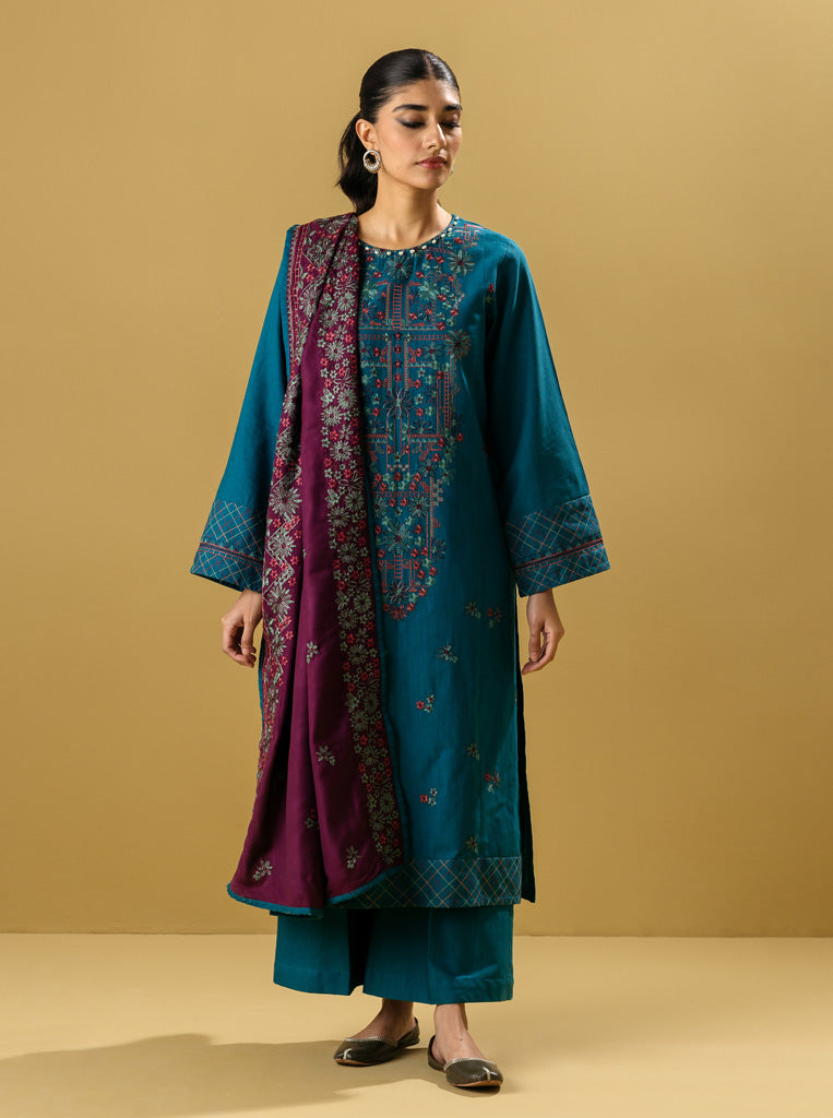 3 Piece - Embroidered Khaddar Suit - Malachite Teal