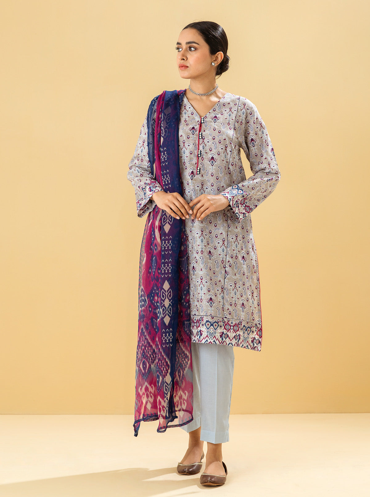 2 Piece - Printed Lawn Suit - Pearl Grey
