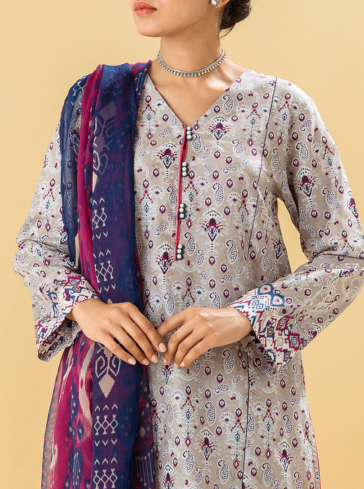 2 Piece - Printed Lawn Suit - Pearl Grey