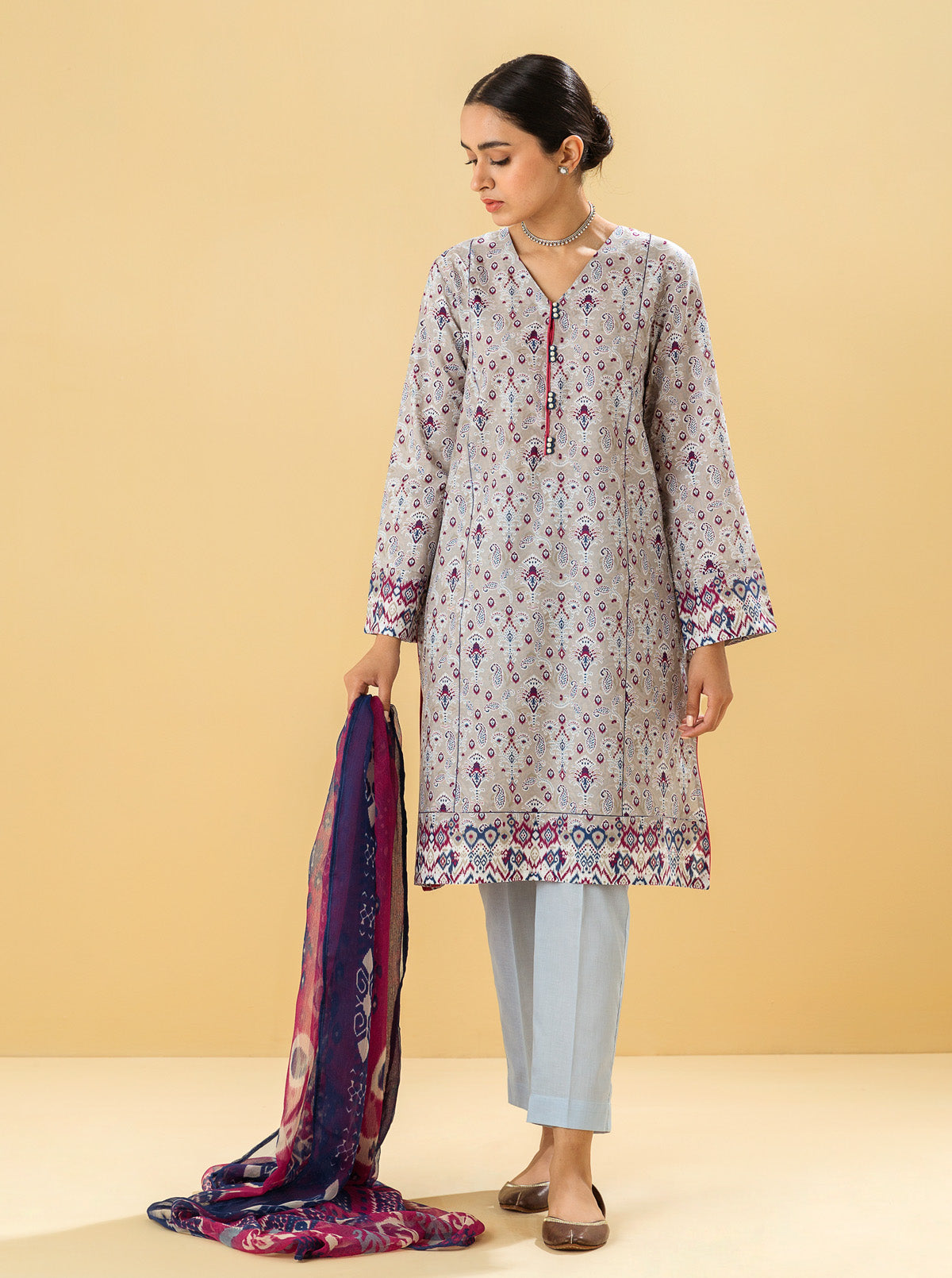 2 Piece - Printed Lawn Suit - Pearl Grey