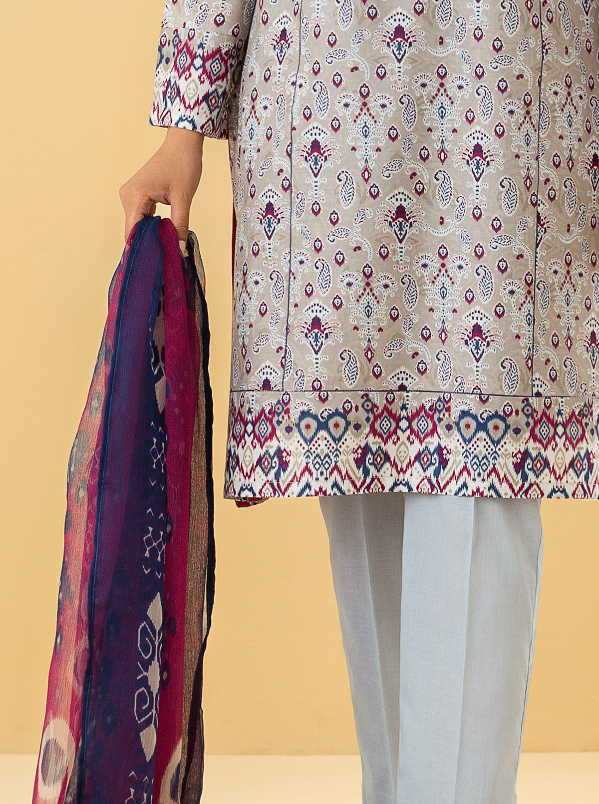 2 Piece - Printed Lawn Suit - Pearl Grey