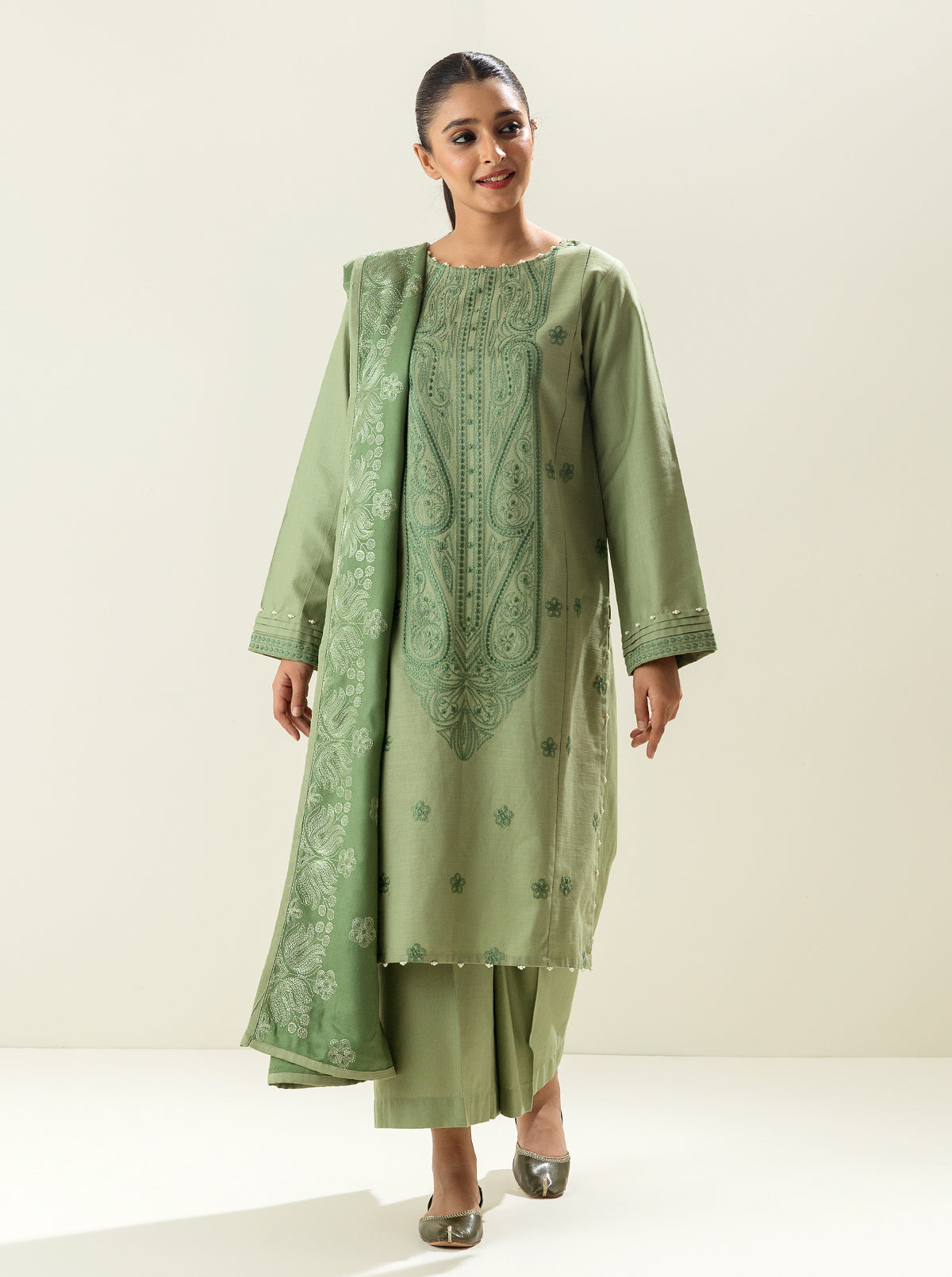 3 Piece - Embroidered Khaddar Suit - Green Earth