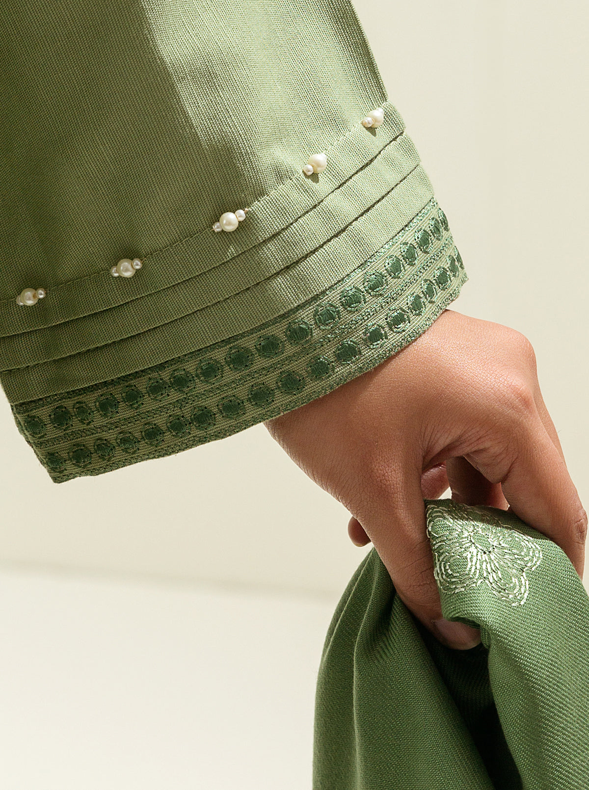 3 Piece - Embroidered Khaddar Suit - Green Earth