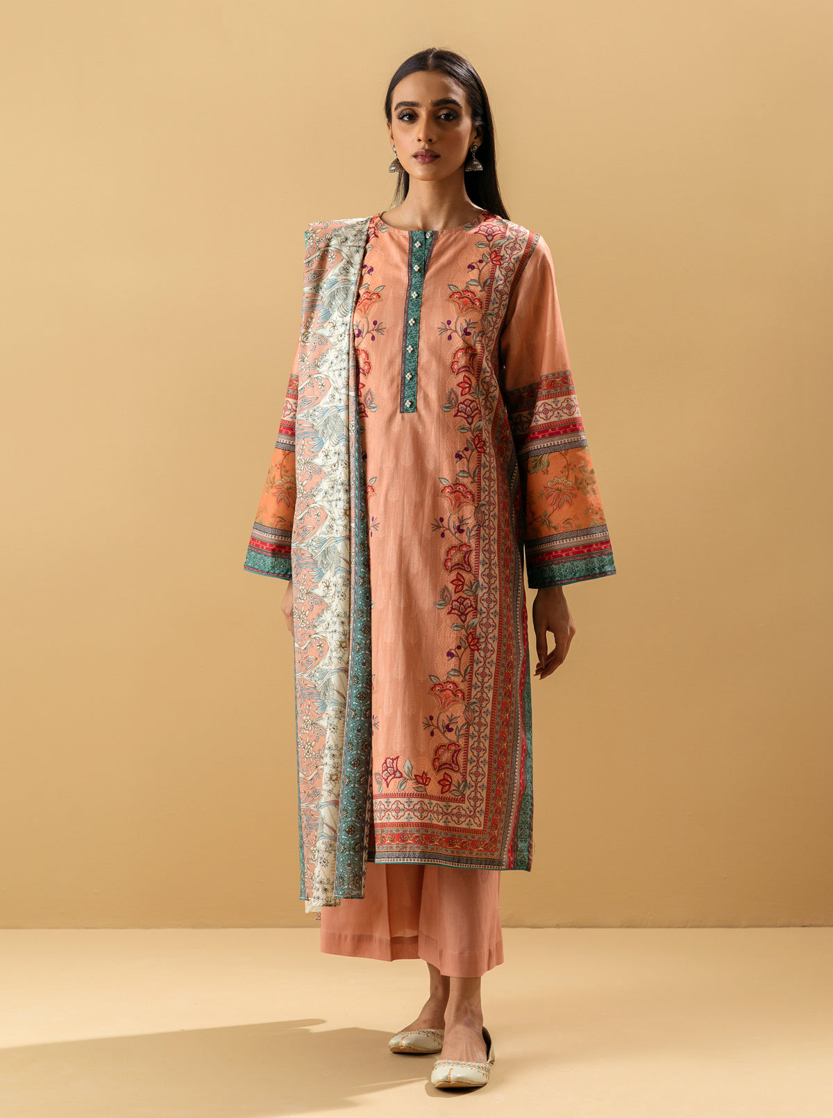 3 PIECE - PRINTED LAWN SUIT - FLORAL CANDYMB4S22U31-PEACH-2000000204097-3PC