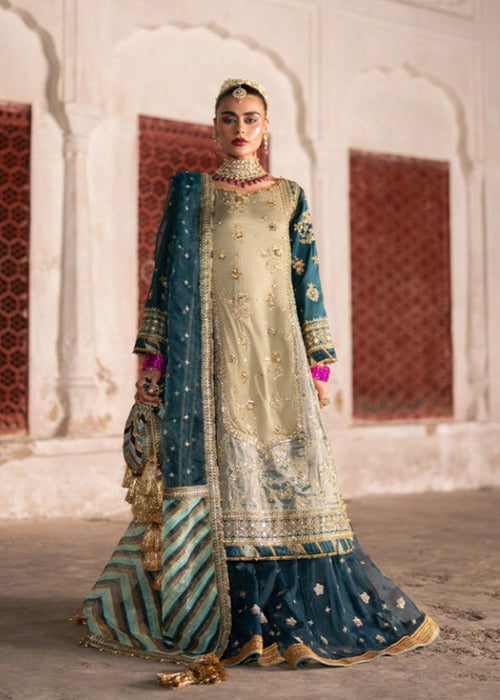 Mohsin Naveed Ranjha Style — Mairaz Ivory & Teal Gharara Set