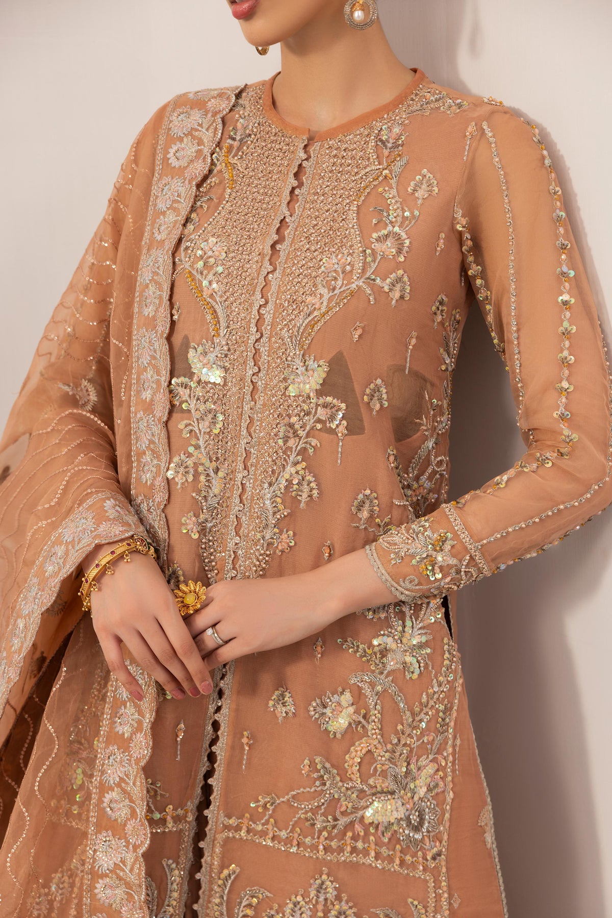 Mirha Imran Mochaara Style – Light Brown Front-Open Gown & Crushed Sharara