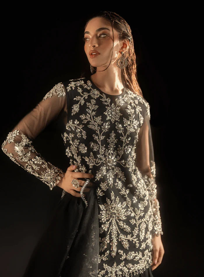 Laale Formals '26 - Black Fully Crystal Embellished Net Tunic with Ruffled Trouser and Scalloped Organza Dupatta