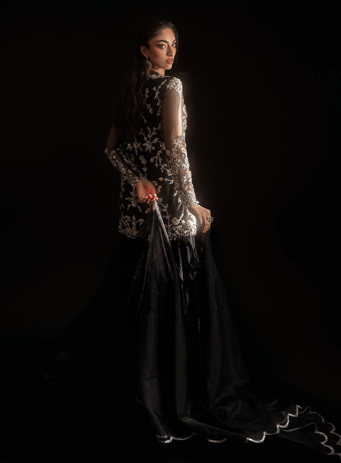 CST-PRODUCT-DEC | Black Fully Crystal Embellished Net Tunic with Ruffled Trouser and Scalloped Organza Dupatta