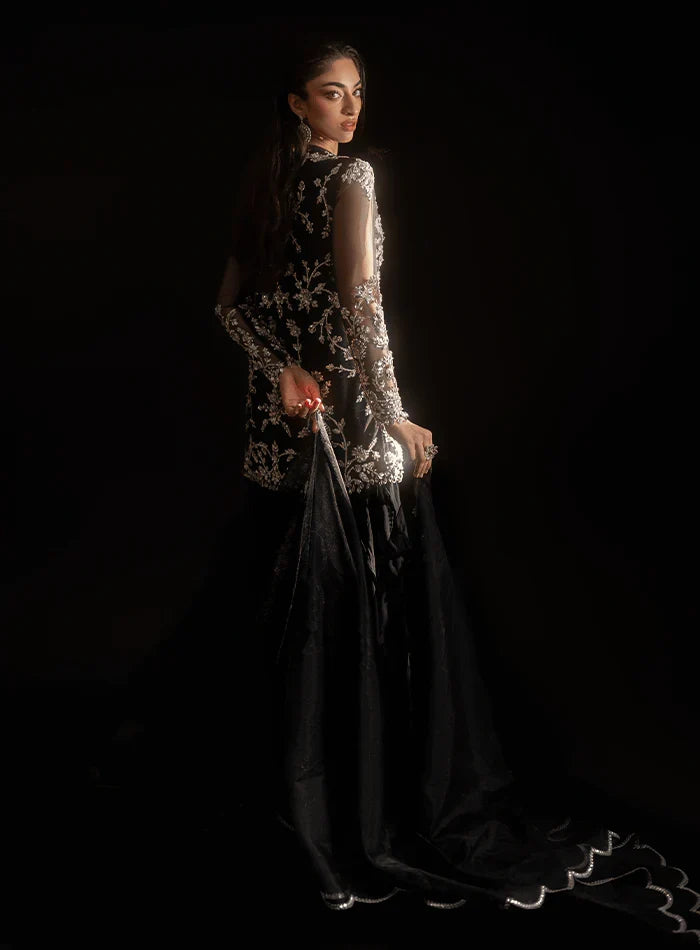 Laale Formals '26 - Black Fully Crystal Embellished Net Tunic with Ruffled Trouser and Scalloped Organza Dupatta