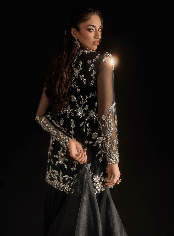CST-PRODUCT-DEC | Black Fully Crystal Embellished Net Tunic with Ruffled Trouser and Scalloped Organza Dupatta