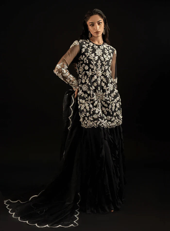 Laale Formals '26 - Black Fully Crystal Embellished Net Tunic with Ruffled Trouser and Scalloped Organza Dupatta