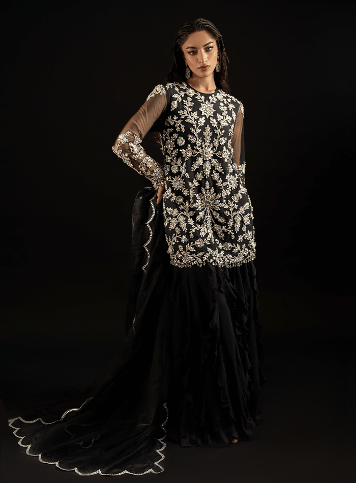 Black Fully Crystal Embellished Net Tunic with Ruffled Trouser and Scalloped Organza Dupatta