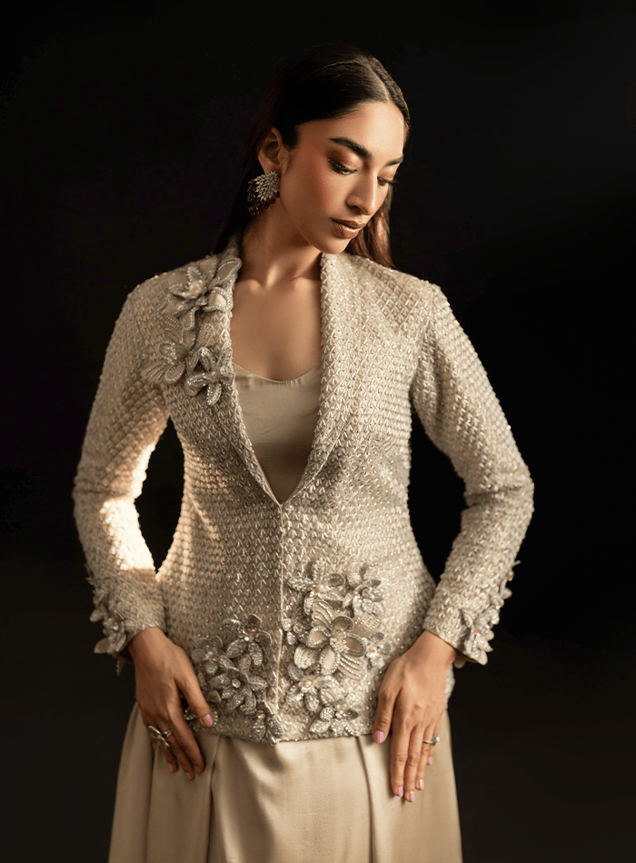 Silver Bugle Beaded Coat with 3D Flowers and Flared Charmeuse Skirt