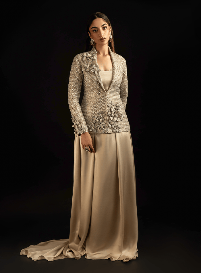 Silver Bugle Beaded Coat with 3D Flowers and Flared Charmeuse Skirt