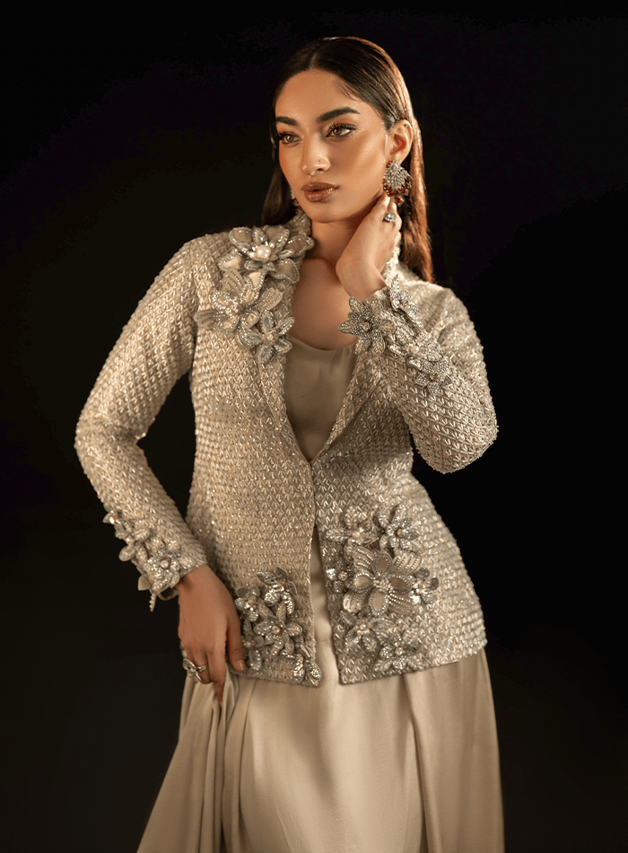 Silver Bugle Beaded Coat with 3D Flowers and Flared Charmeuse Skirt