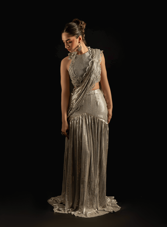 Silver Embellished Choli with 3D Flowers Encrusted Back and Sequinned Embellished Saree