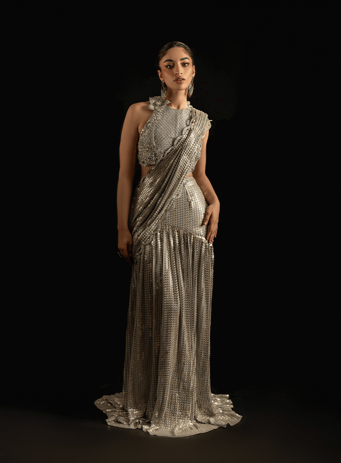 Silver Embellished Choli with 3D Flowers Encrusted Back and Sequinned Embellished Saree