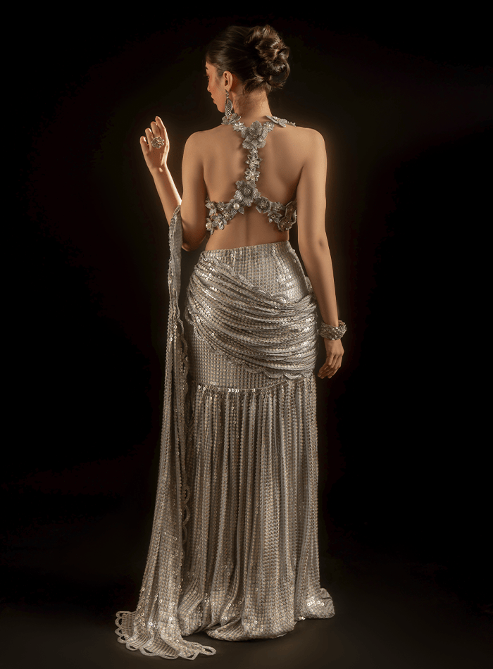 Silver Embellished Choli with 3D Flowers Encrusted Back and Sequinned Embellished Saree