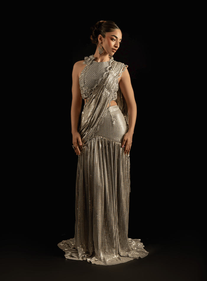 Silver Embellished Choli with 3D Flowers Encrusted Back and Sequinned Embellished Saree