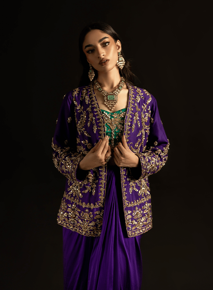 Purple Zardozi Embellished Jacket with Emerald Bustier and Purple Charmeuse Skirt