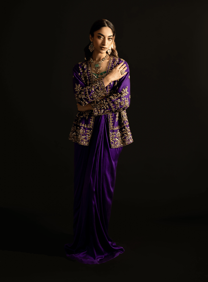 Purple Zardozi Embellished Jacket with Emerald Bustier and Purple Charmeuse Skirt