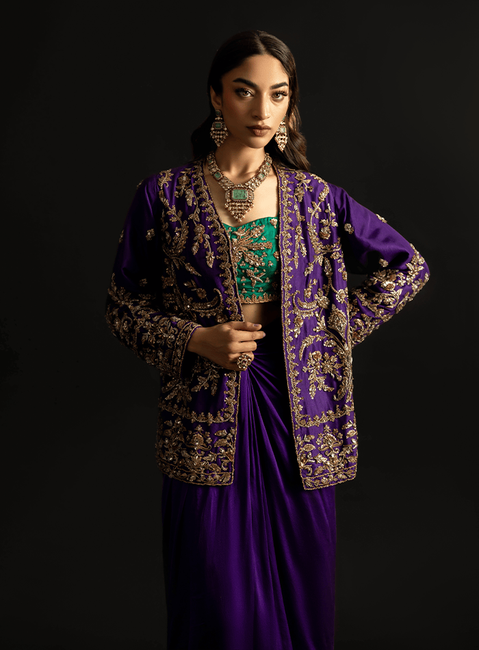 Purple Zardozi Embellished Jacket with Emerald Bustier and Purple Charmeuse Skirt