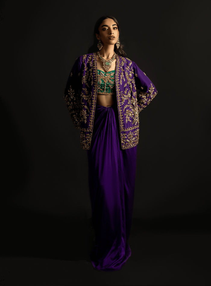 Purple Zardozi Embellished Jacket with Emerald Bustier and Purple Charmeuse Skirt